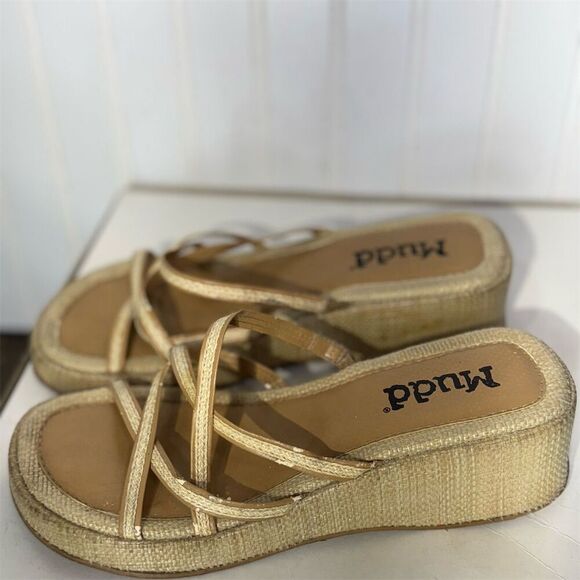 Y2K Mudd Woven Platform Sandals Strappy Natural Tan 2000s Chunky Heels 9 VTG - Picture 1 of 6